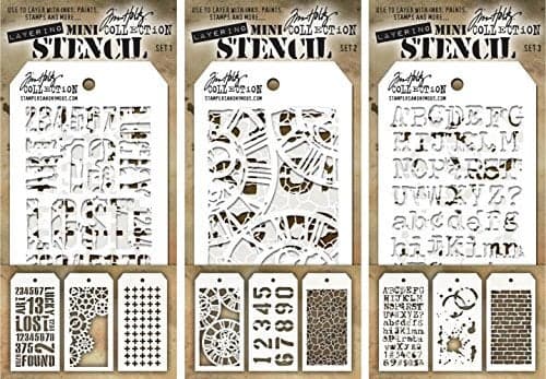 Tim Holtz Nine Mini Layering Stencils Industrial Gears Plus Clockwork Numbered Crackle Typo Splatters and Bricked aka sets 1 2 3