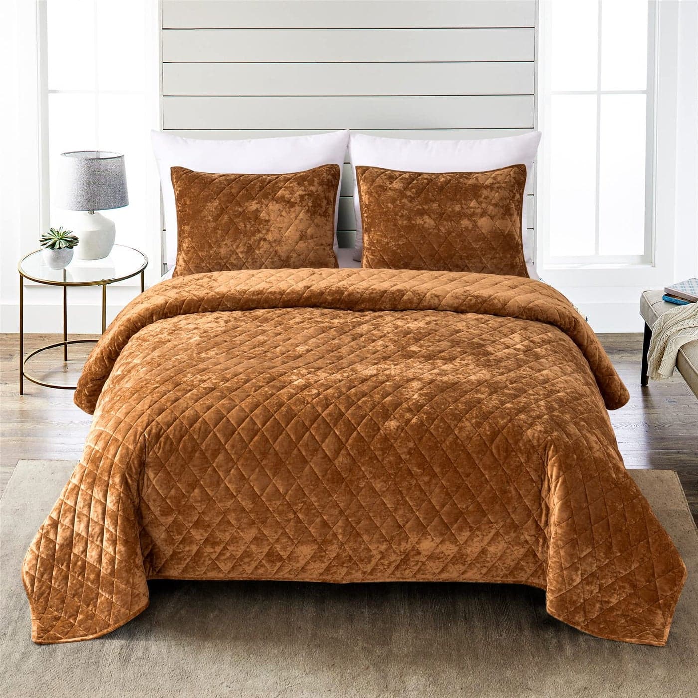 Fredsure Distressed Velvet Quilt Set 3 Pieces Caramel Gold Queen Distressed Velvet Face and Brushed Microfiber Reverse with Diamond Quilting