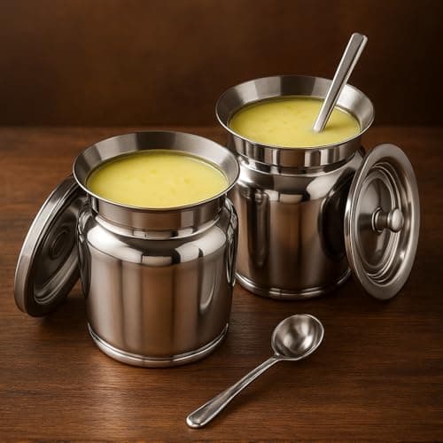 STEEPLE Stainless Steel Yogurt/Ghee Pot 400Ml Each, Set of 2 | Secure Lid & Spoon | Multipurpose Curd & Ghee Storage Container | Durable & Rustproof | Kitchen Essentials,Silver