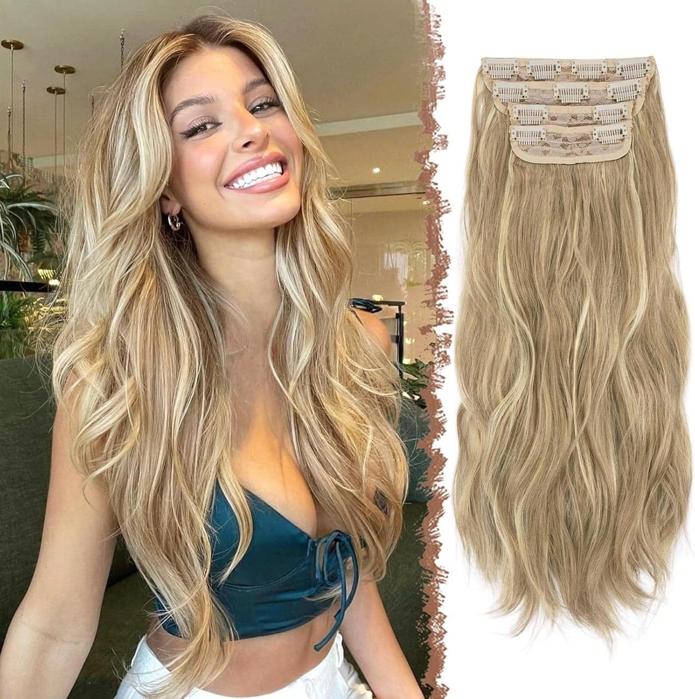 FESHFEN Clip in Hair Extensions for Women 4 Pcs Thick Double Weft Long Wavy Soft Synthetic Blends Well Hair Extension 20 inch Dirty Blonde