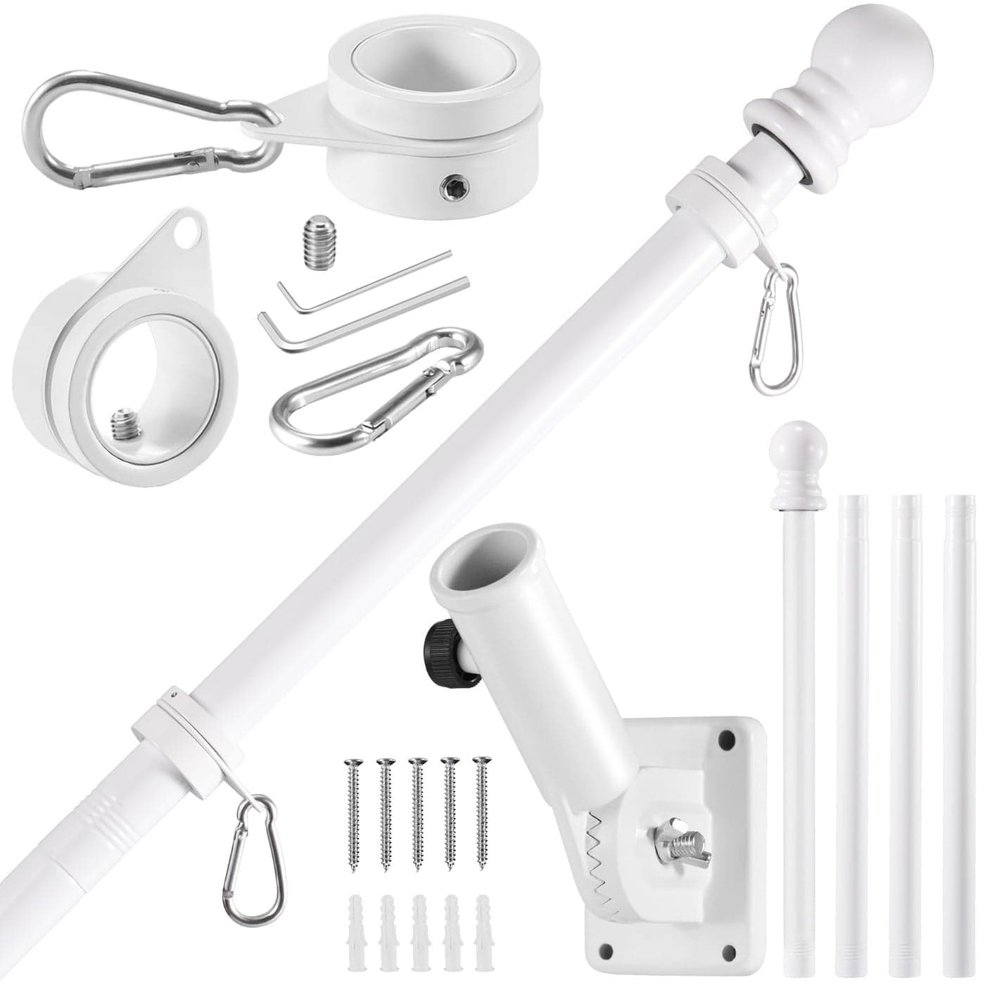 BONWIN White Flag Pole Kit for House 5 FT Thickened Stainless Steel Porch Wall Mount Flagpole for 3x5 Flag 1 Tangle Free Rotating Flag Pole Rings 180 Adjustable MultiPositions Bracket Holder
