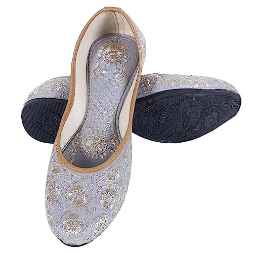 DFR Woman Comfortable Cushioned Ethnic Embroidered Rajasthani Punjabi Style Mojari Jutti Juti for Women Fancy Bellies Shoe, Color: GREY1 | UK Size 4