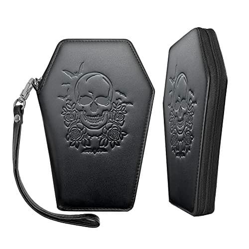 Lazy Skull Zip Around Coffin Wallet – Cute Witchy Small Purse for Women with Skull and Bat Design– Goth Accessory Wallet – Horror Coffin Purse– Spooky Halloween Gothic Wallet with Wristlet Strap