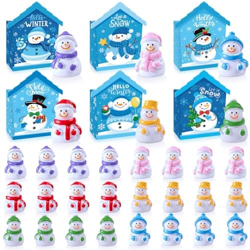 Soulchen 48 Pcs24 Sets Winter Party Favors for Kids Mini Snowman Figurines with House Box Tiny Resin Snowman Micro Landscape Ornaments for Winter Wonderland DIY Crafts Fairy Garden Dollhouse Decor