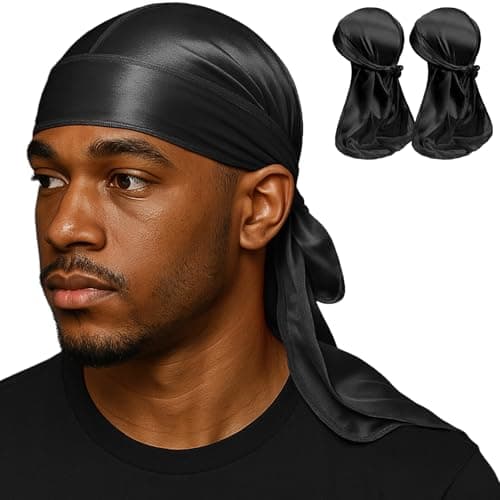 2PCS Silky Durag Pack for Men Waves, Satin Doo Rag for 360 540 720 Waves(black)