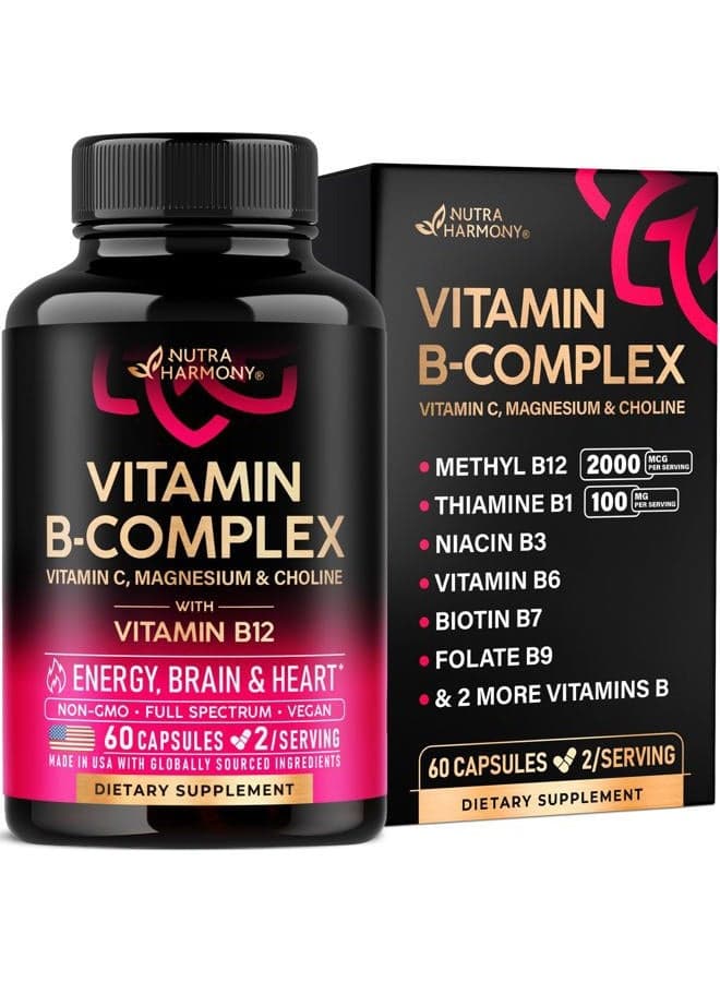 Vitamin B Complex for Men & Women - Made in USA - 11-in-1 B-Complex: B1, B2, B3, B5, B6, B7, B8, B9, B12 with Vitamin C, Choline, Inositol - Energy, Brain & Heart Support Supplement, 60 Vegan Capsules