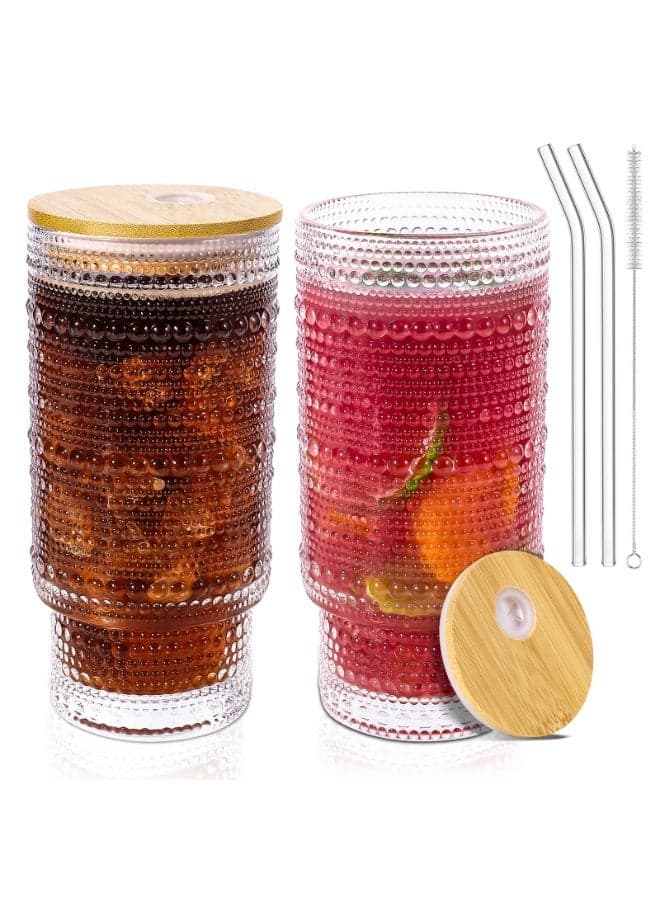16 Oz Glass Cups with Lids and Straws, Vintage Embossed Glassware for Whiskey Cocktail Beer, Iced Coffee Cup with Lid, Glass Tumbler (2 PACK)