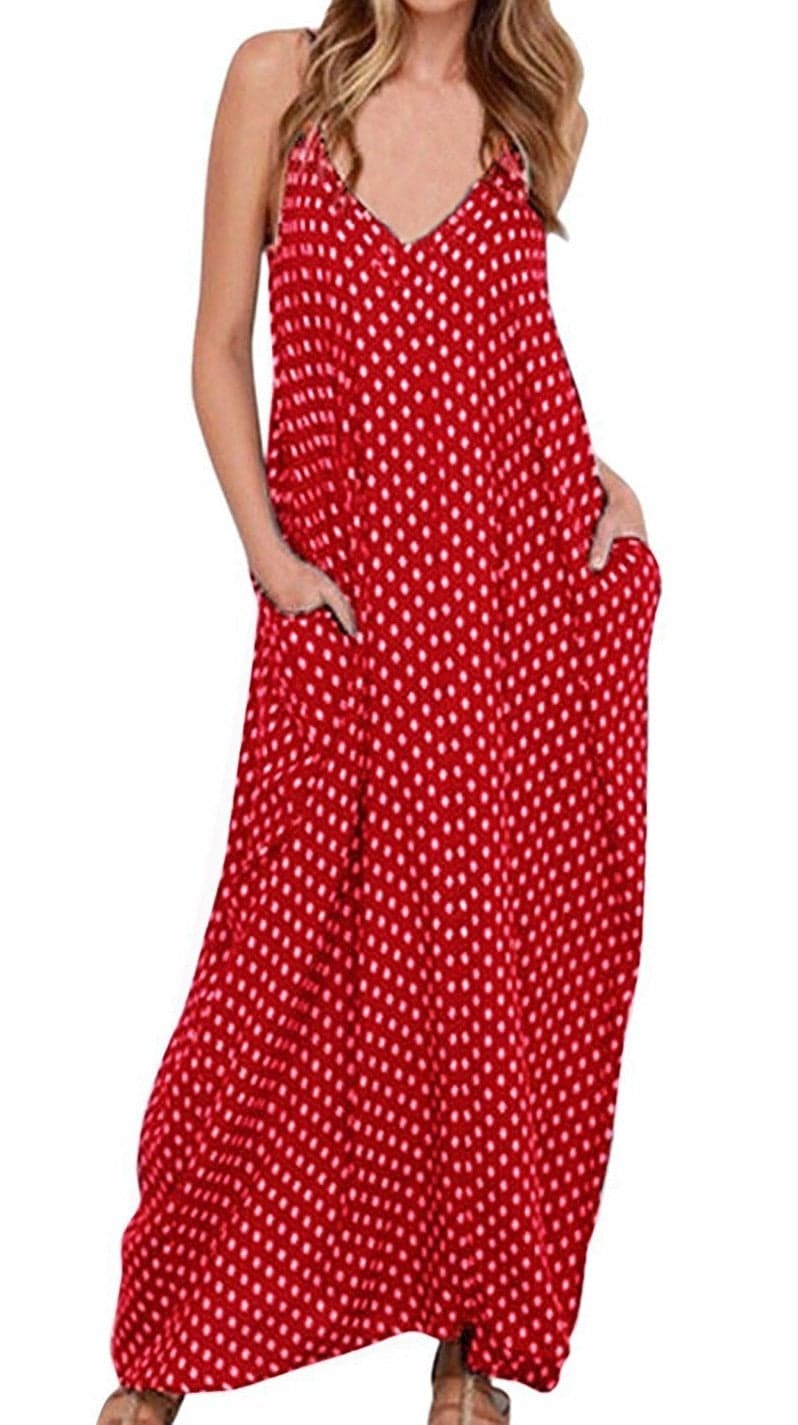 LILBETTER Women V-Neck Polka Dot Print Spaghetti Strap Boho Long Maxi Dresses (Red,Small)