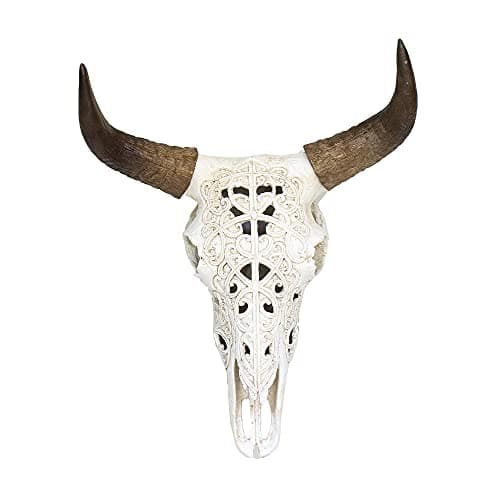 OTARTU White Tribal Design Carved Steer Skull Wall Hanging Sculpture, Cow Horn Skull 19 Inch Steer Head Bull Horn Wall Décor (White)