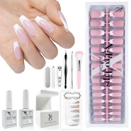 SXC Cosmetics French Tip Press On Nails Pink Series Medium Coffin Fake Nails XPro Tips Starter Kit 150PCS 15 Sizes 5 Styles