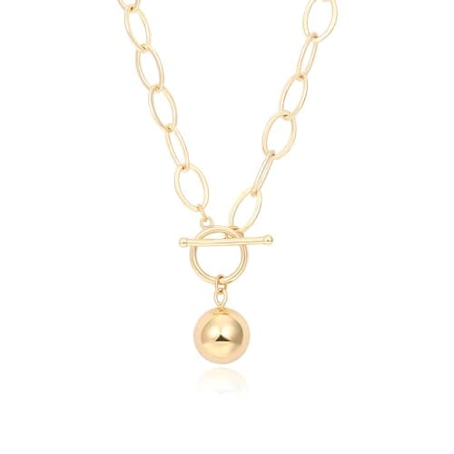 Aobei Pearl 18K Gold Plated Chunky Chain Necklace for Women Harmony Ball Pendant Toggle Clasp Jewelry Gift 20’’