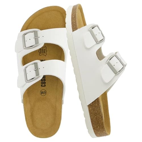 CUSHIONAIRE Lane Cork Footbed Sandals for Women – Comfortable Double Buckle Slip-On with Genuine Suede Footbed & Arch Support Slides for Women Footwear, WHITE 8.5