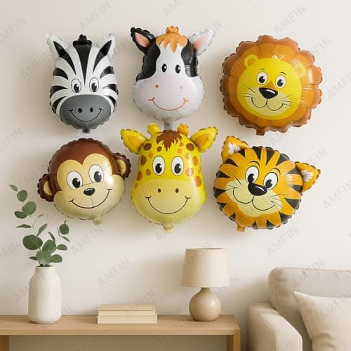 AMFIN® (Pack of 6) Small Jungle Theme Balloons Animal Face Foil Balloon for Jungle theme Decoration jungle theme party supplies jungle theme backdrop - Small Size