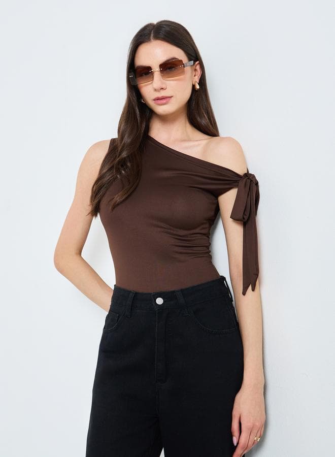 Take Two Solid One Shoulder Tie Detail Bodysuit