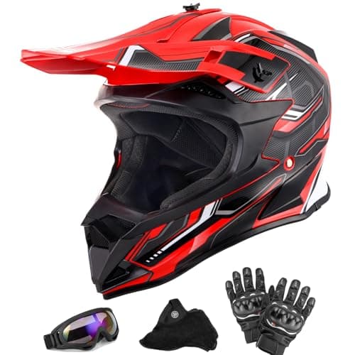 OUMURS Adult Dirt Bike Helmet ATV Helmet with Goggles Gloves Mask Adjustable Sun Visor DOTFMVSS218 Motorcycle Adult ATV Helmet OffRoad Motocross Downhill Moped MX for UnisexAdultRed Black L