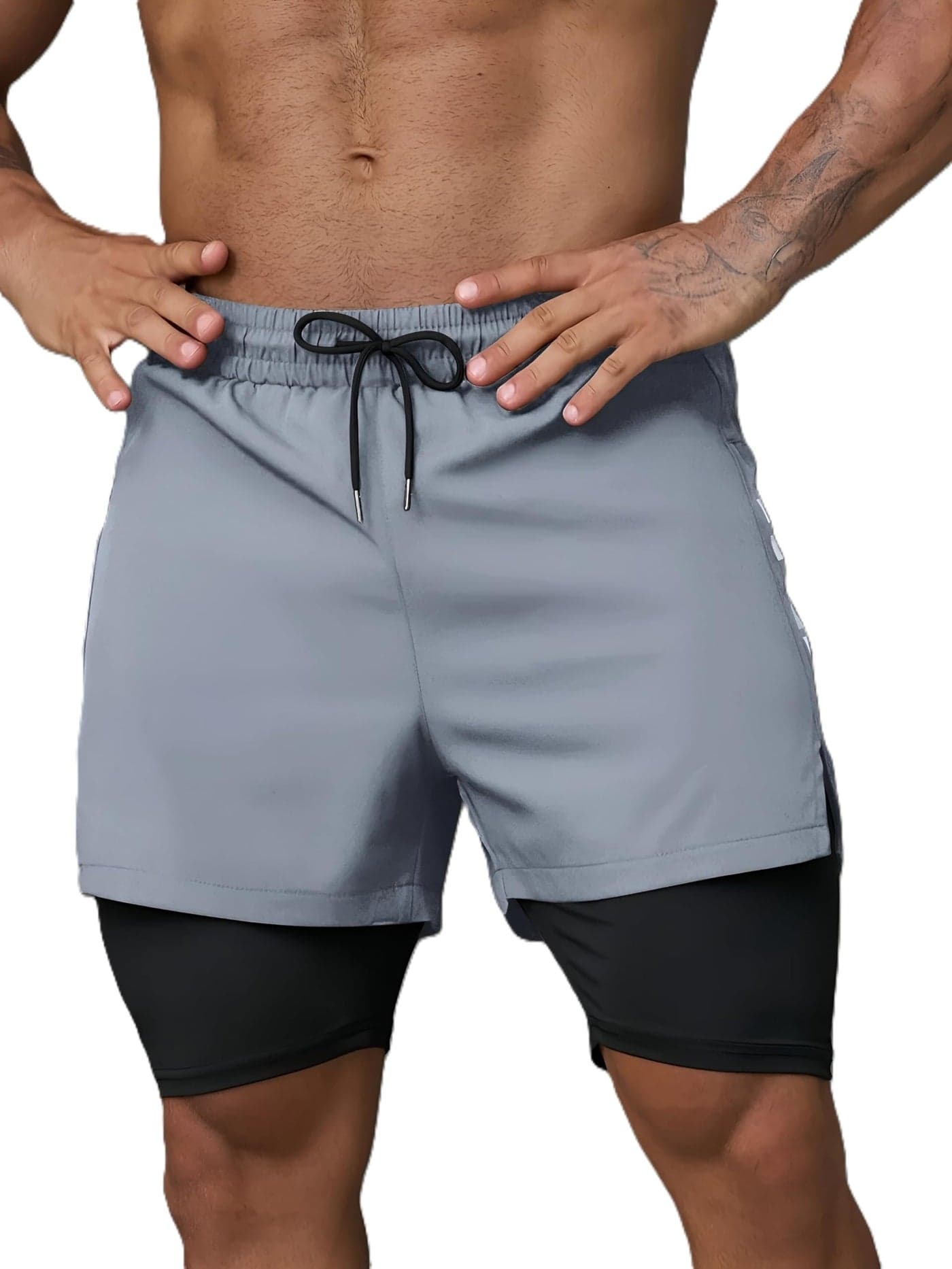 THIRD QUADRANT 2-in-1 Running or Gym Lycra Shorts for Men || Quick-Dry Athletic Shorts ||with Built-in Liner, Black (in, Alpha, M, Grey)