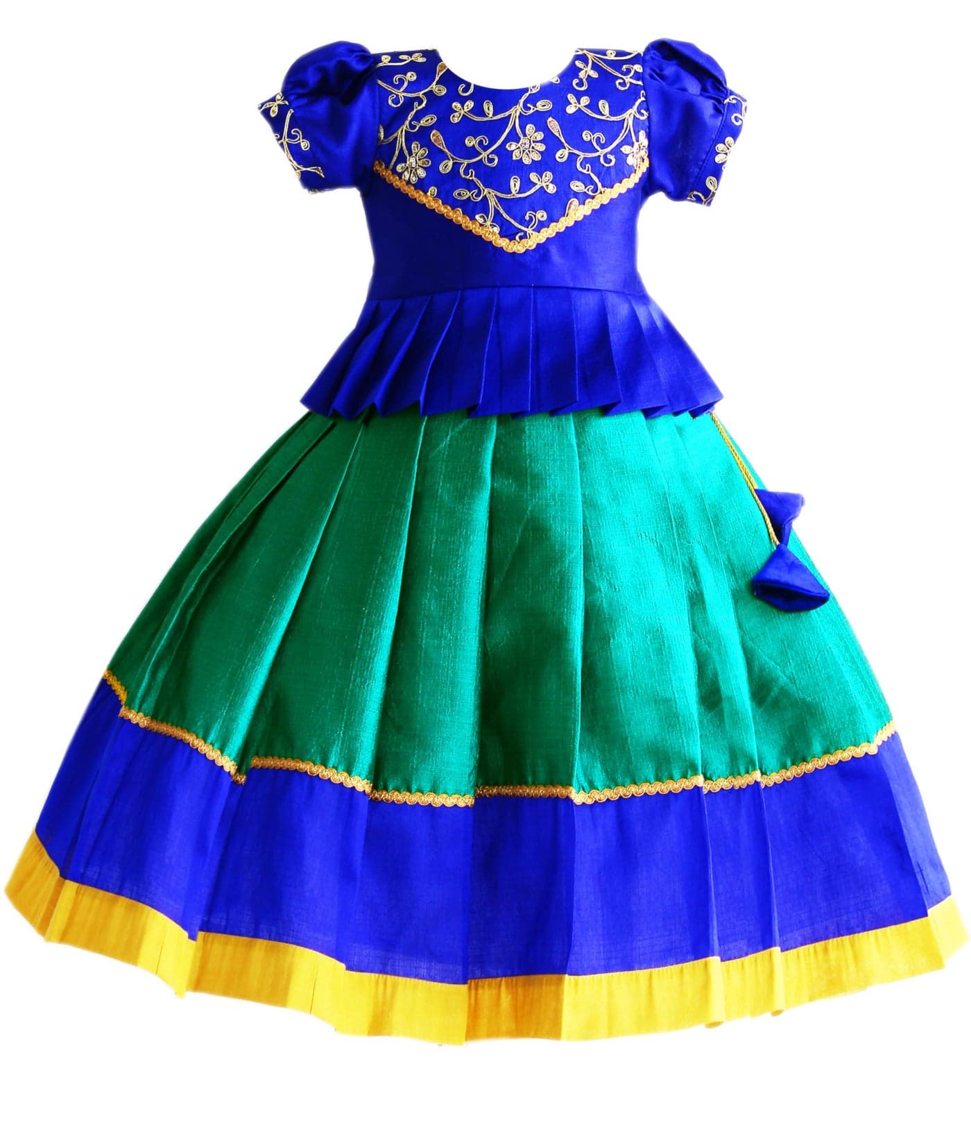 Stanwells Kids Rama Green & Royalblue Flared Dress Puff Sleeves Readymade Hand Sequins Embroidery Ethnic Traditional Full Length South Indian Baby Girls Lehenga Choli (1–2 Years)
