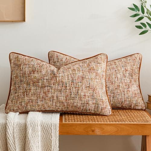 a moment Fall Rust Orange Reversible Pillow Covers 2 Pack Farmhouse Chenille Throw Pillows Neutral Textured Decorative Throw Pillow Covers with Border for Couch Sofa Bed 12x20 Inch No Insert