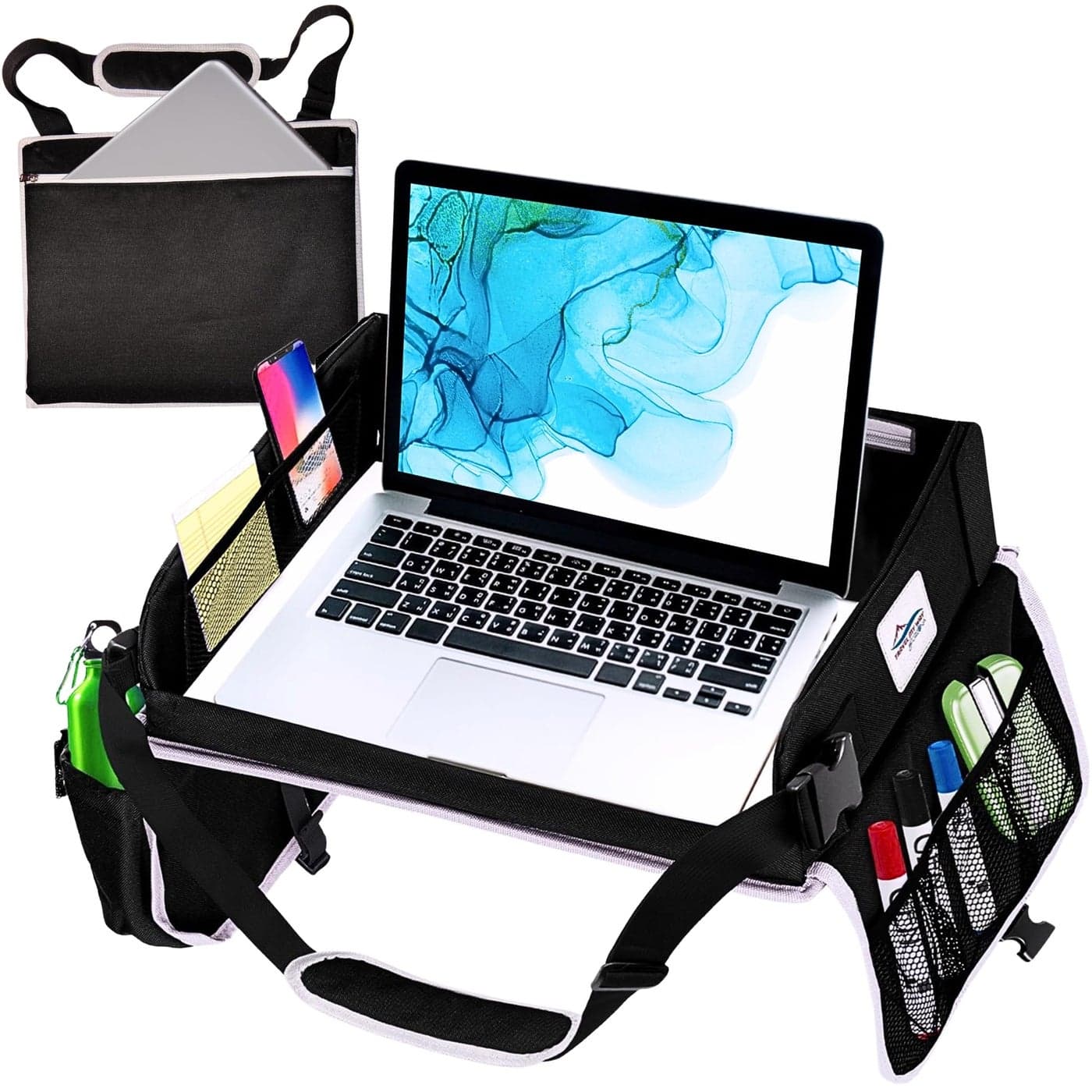 Travel Lap Desk Travel Tray Portable Lapdesk for Car Remote Work Road Trips School Laptop Pad with Storage Pocket Tablet Holder Shoulder Strap Fits up to 156Inch Laptop Black