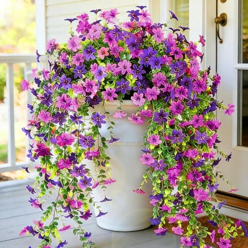 CCILAND 2 PCS Artificial Hanging Flowers for Outdoors, Fake Flower Plants UV Resistant Faux Hanging Spring Flowers for Home Porch Garden Patio Yard (Double Purple)