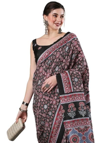 SAREE MALL Women's Ajrak Block Print Dola Silk Saree With Unstitched Blouse Piece (Black_KUMRN202_SM)