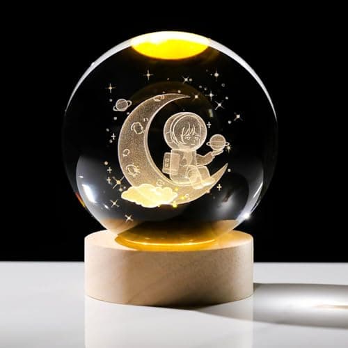 KESI 3D Astronaut with Moon Figurine Crystal Ball Lamp, Astronaut Figurine Statue Decor for Home Office Spaceman with Base, Glass Spaceman Gifts for Astronomy Space Lovers Light for baby nursery decor