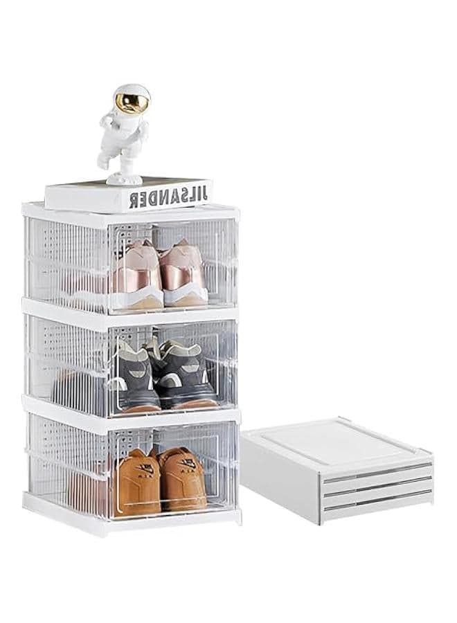 Foldable Shoe Rack Collapsible Storage Box, Free Standing Bins Stackable Plastic Tote with Lids Organizing Installation Free Clear Dustproof 3 Layers (92-01)