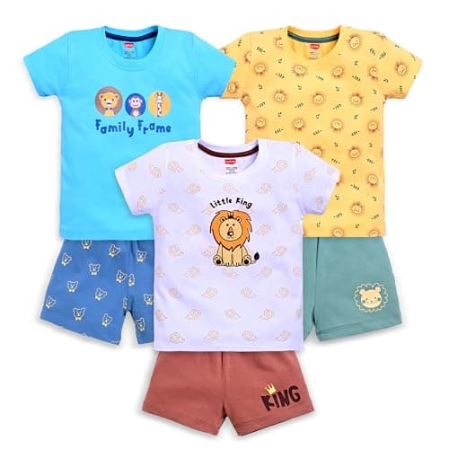 Luvlap Boys 100% Cotton Printed Regular Fit Half Sleeves T-Shirts and & Shorts Sets Pack Of 3, Sunflower, Blue Radiance & White, L (6 to 12 Months)