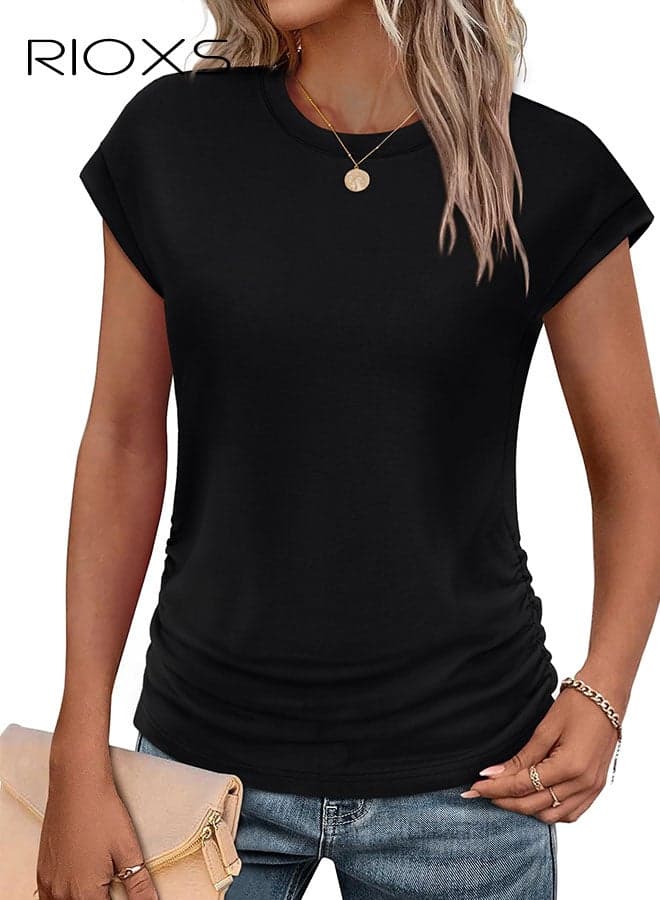 Womens T Shirts, Trendy Ruched Cap Short Sleeve T-shirts, Crew Neck T Shirts For Women, Essential Style Solid T-shirts, Ladies Summer Tops, Fashion Streetwear Tee, Basic T-shirt For Women