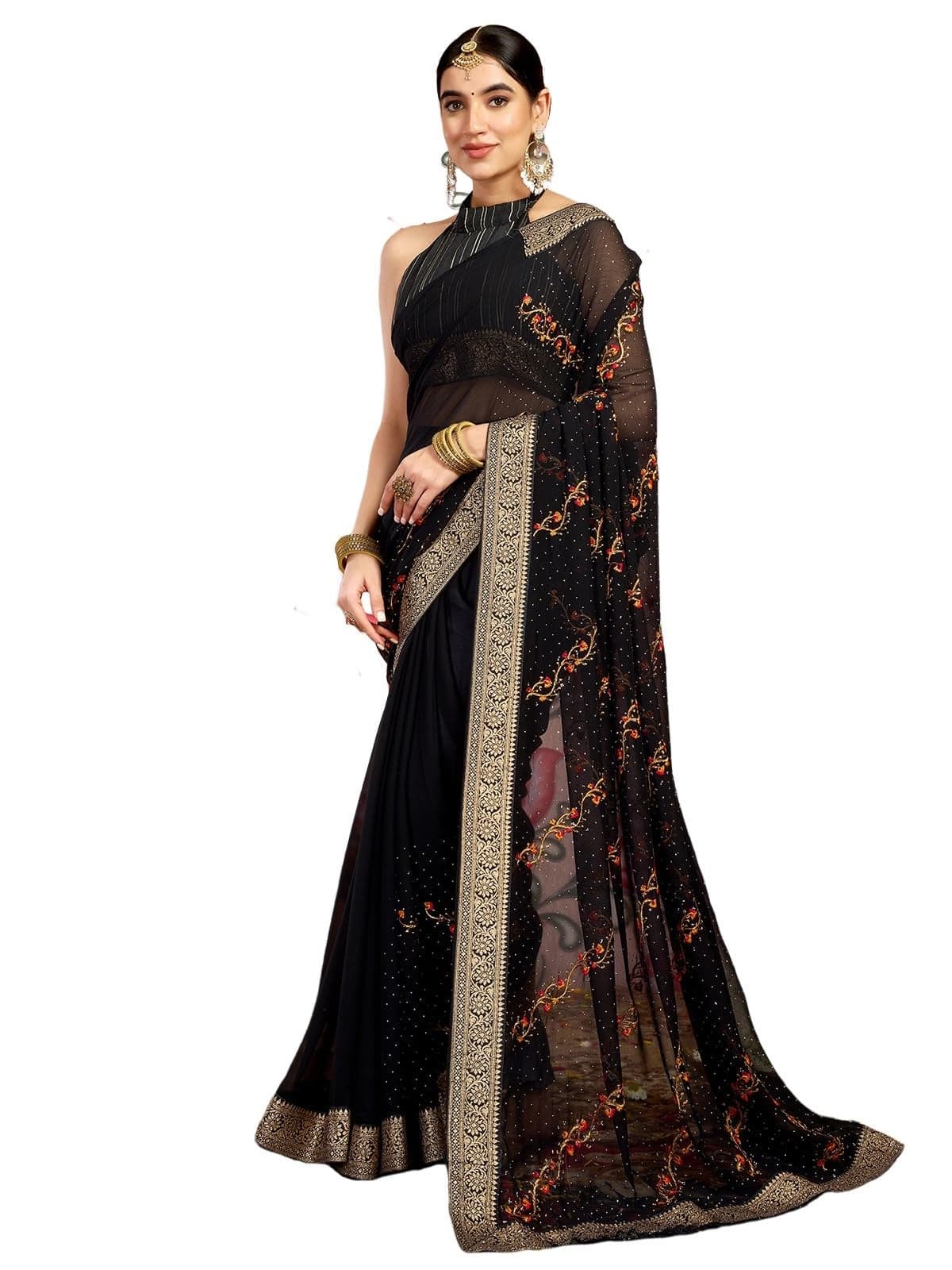 Satrani Women's Georgette Embroidery & Stone Work Saree with Unstitched Blouse Piece (4065S2829N_Black)