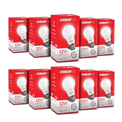Eveready 12W LED Bulb, Cool White Day Light (6500K), B22 Base, Energy-Efficient, 4kV Surge Protection, Long-Lasting Durability, Pack of 10