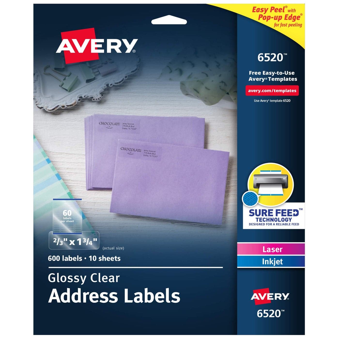 Avery Glossy Clear Address Labels Sure Feed Technology LaserInkjet 23 x 134 600 Labels 5 Packs 6520