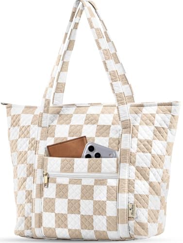 Miss Adola Quilted Tote Bag with Zipper - Beige Checkered Laptop Tote Bag for Women, Large Capacity with Pockets for Work Travel Teacher