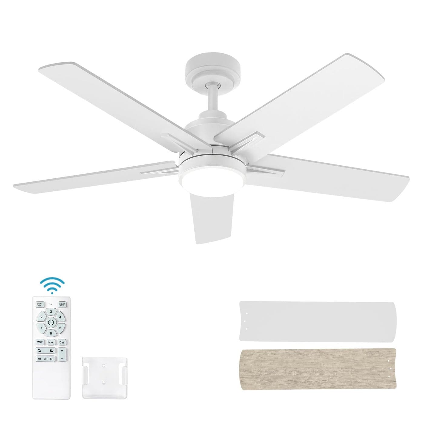 YUHAO 48 Inch White Ceiling Fan with Light and Remote ControlNoiselessDimmable 3CCT6 Speeds Reversible Modern DC Ceiling Fans for Indoor Use