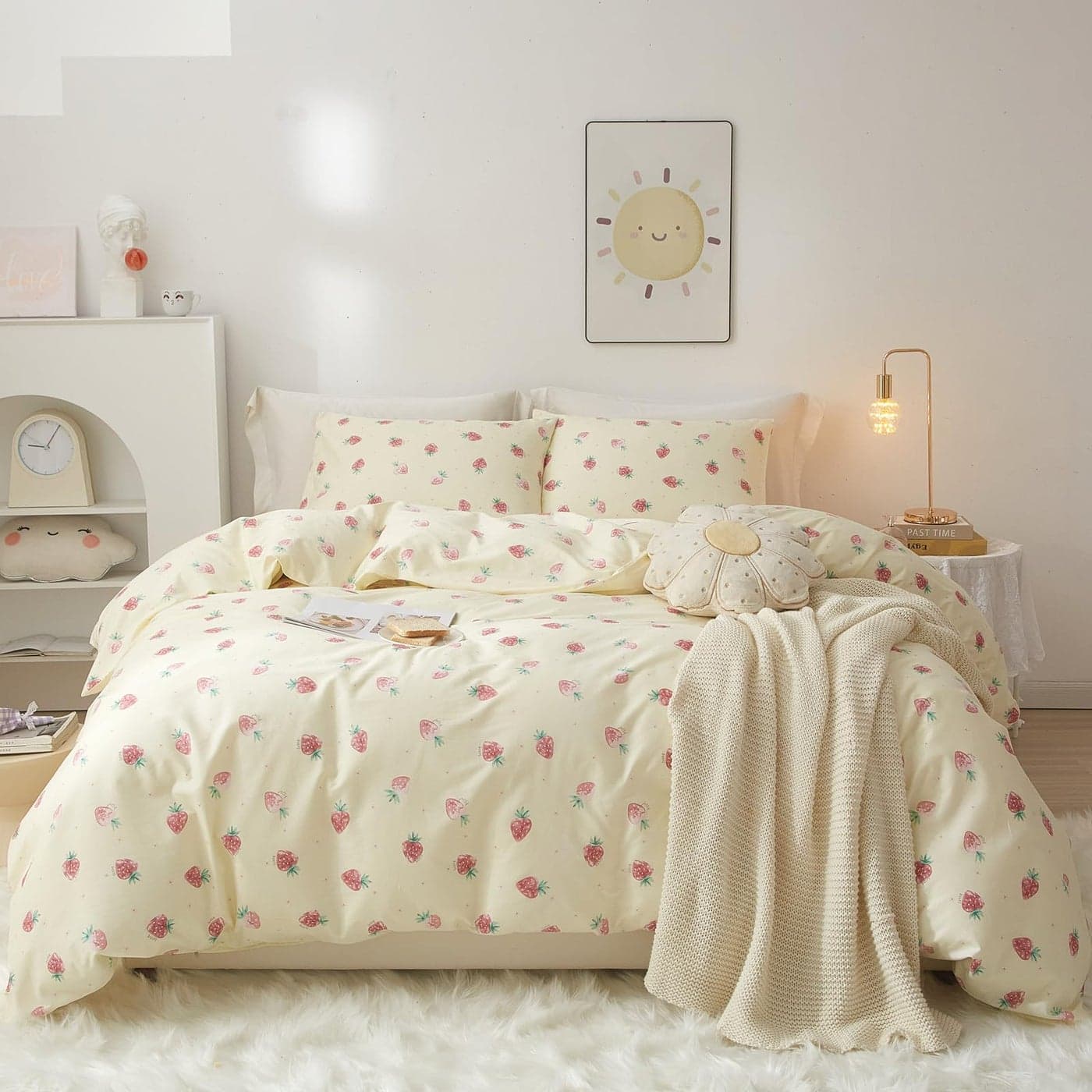 VM VOUGEMARKET Kawaii Kids Bedding Set Twin Strawberry Duvet Cover Set Cotton Fruit Comforter Cover with Zipper for Teen Girls Room DecorCream White