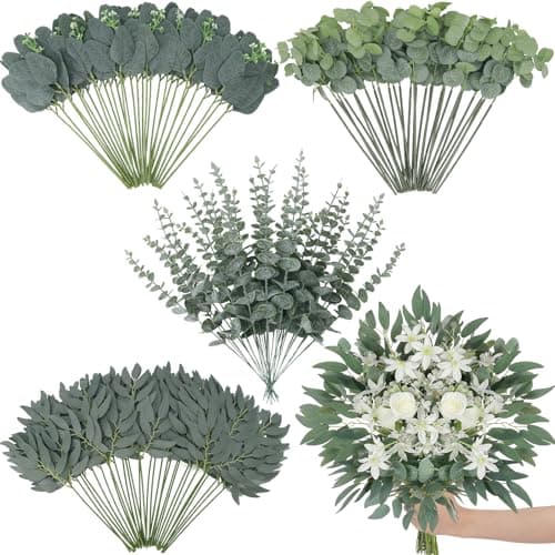 120 Pcs Artificial Eucalyptus Stems, 4 Kinds Mixed Faux Greenery Stems Fake Silver Dollar Eucalyptus Leaves Bundle for DIY Bouquets Centerpiece Spring Floral Arrangement Wreath Home Wedding Decor
