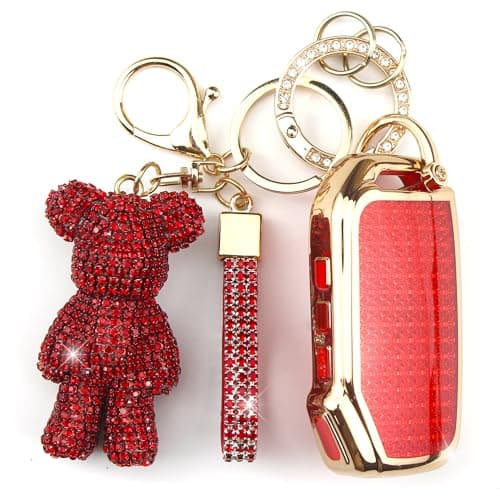 Rayslesan Cute Key Fob Cover with Rhinestone Bear Charm, TPU Smart Key Case for Women, Compatible with Kia Cadenza Forte K5 Niro Rio Seltos Sorento Soul Sportage Telluride (5-Button, Gold Red)
