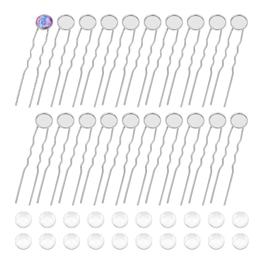UNICRAFTALE 20 Sets U Shape Hairpins Platinum Round Bezel Tray Blank Hair Pins Brass DIY Cabochon Hair Pins Supplies with Glass Cabochons 12mm Tray Hair Clips 80mm Long Hair Fork for Jewelry Making