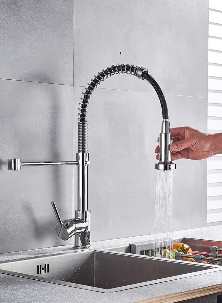 Kitchen Tap with Pull Down Lead-Free Spring Kitchen Sink Mixer tap Solid Brass Single Handle Single Hole 360° Swivel Sprayer Mixer Tap Cold and hot Fittings UK Standard Chrome