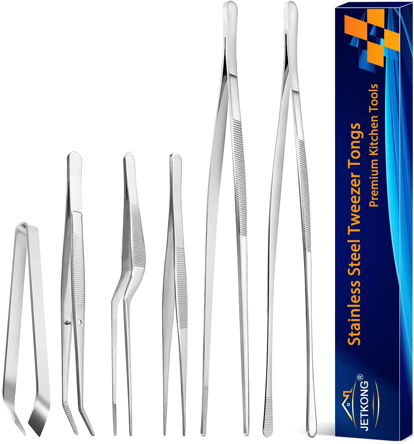 JETKONG 6 Pcs Cooking Tweezer Tongs 12 and 63 Stainless Steel Kitchen Tweezer Set Professional Chef Tweezers for Cooking Repairing Sea Food BBQ Multiuse