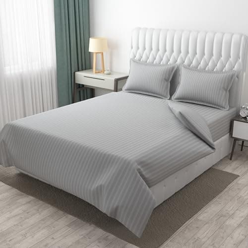 Galaxy Home Decor Premium 160 TC Stripe Glace Cotton Double BedSheet with 2 Pillow Covers, Grey