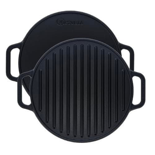 Victoria Round Cast Iron Grill. Double Burner Griddle, with Removable Coil Handles Seasoned with 100% KoBibir Certified Non-GMO Flaxseed Oil, 12.5 Inch, Black