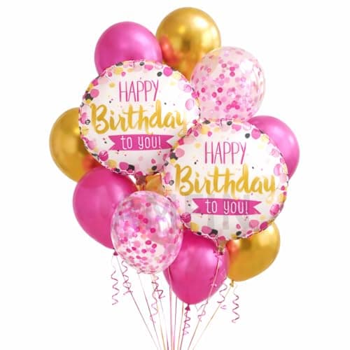 AMFIN® (Pack of 11) Happy Birthday Round Foil Balloons Combo with Confetti & Ribbon for Girlfriend, Wife Party Decorations Baby Girl - Pink & Gold