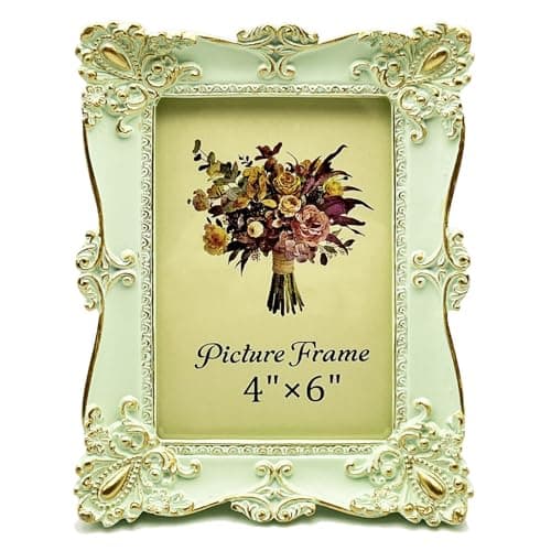 JANDERART Vintage Picture Frame 4x6 Inch, Elegant Antique Photo Frames with Glass Front, Retro Carving, Tabletop & Wall Hanging, Photo Display, Gift Ideas, Green