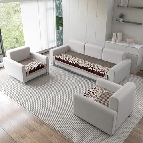Nendle Refined Velvet Floral Sofa Mat 5 Seater Set Cover Elegant and Durable Protector for Living Room Sofa Set 3+1+1, Suitable for Wooden, Leather, Other Fabric Sofa Set (Color Brown, Pack of 3)