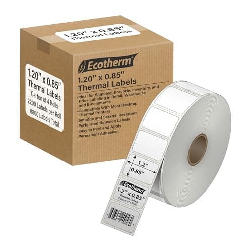 1.2" x .85" Thermal Labels | 4 Rolls | 8800 Labels | fits Zebra, Godex, Arkscan, iDPRT, Offnova Thermal Label Printers and More | Blank White Adhesive Stickers by Ecotherm