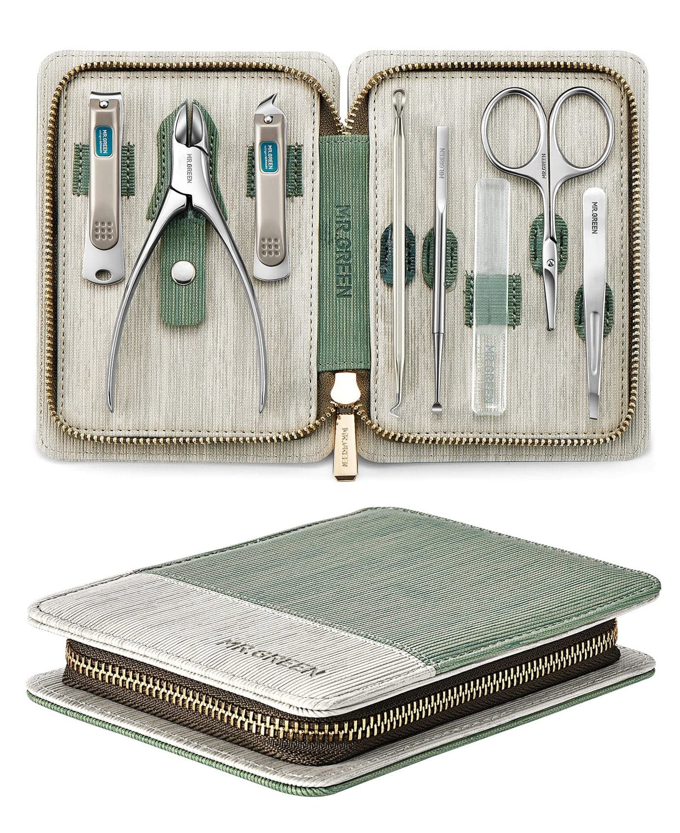 Manicure Set 8 in 1Professional Pedicure kitStainless Steel Manicure KitPortable Travel Grooming Kit Nail Care ToolsNail Clippers Pedicure Tools with Leather Travel Case green