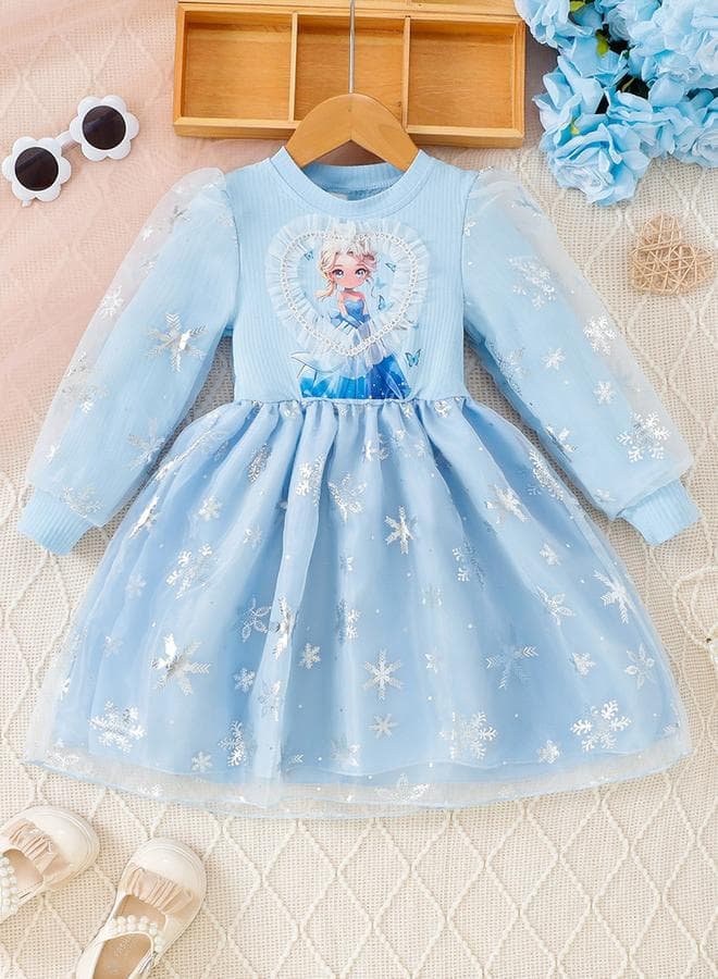 Girl'S Graphic Print Puff Sleeve A-Line Mesh Dress