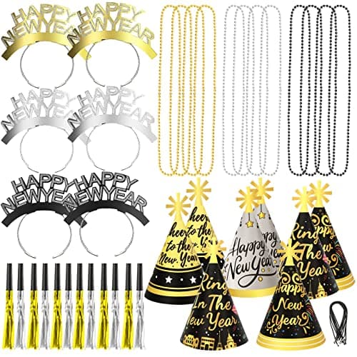 HOWAF 2026 New Year Eve Party Supplies 2026 NYE Decorations Kit Include Happy New Year Headband Cone Hats Party Blowouts Black Gold Silver NYE Party Favors New Years Eve Accessories Kit 38 Pieces