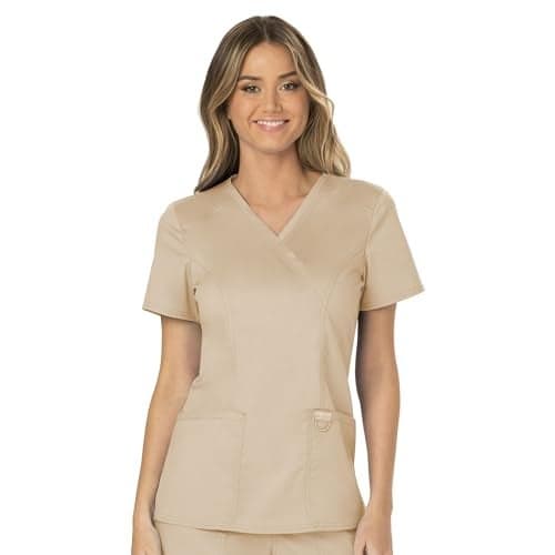 Cherokee Scrubs Top for Women Mock Wrap with 3 Pockets, Soft, 2-Way Stretch & Durable Fabric - WW610, L, Khaki